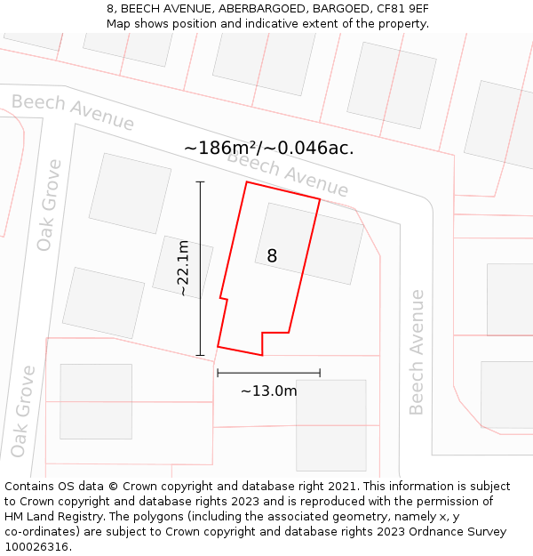 8, BEECH AVENUE, ABERBARGOED, BARGOED, CF81 9EF: Plot and title map