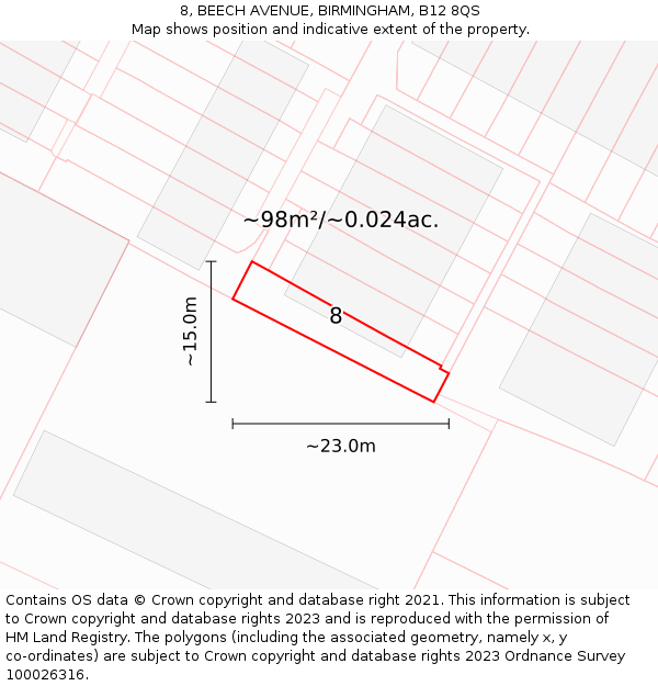 8, BEECH AVENUE, BIRMINGHAM, B12 8QS: Plot and title map