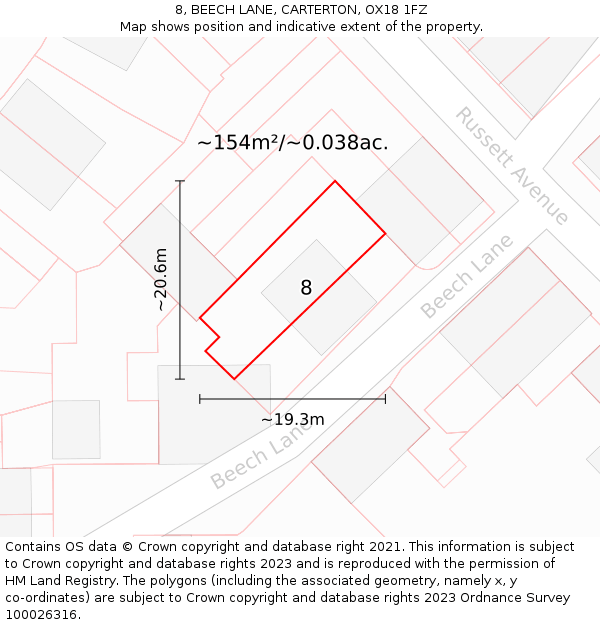 8, BEECH LANE, CARTERTON, OX18 1FZ: Plot and title map