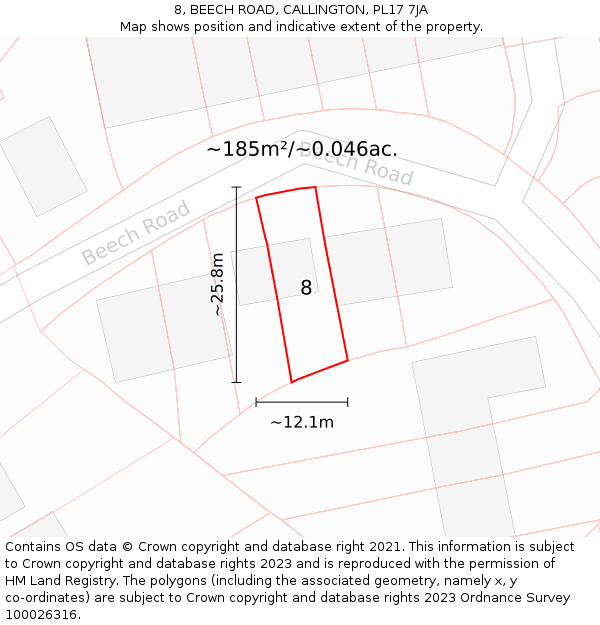 8, BEECH ROAD, CALLINGTON, PL17 7JA: Plot and title map