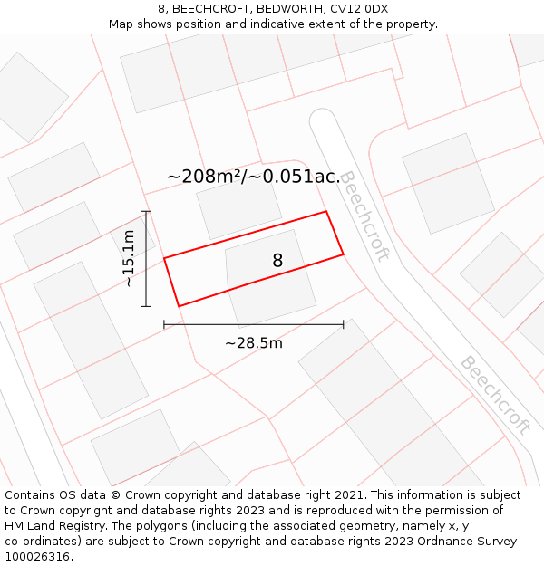 8, BEECHCROFT, BEDWORTH, CV12 0DX: Plot and title map