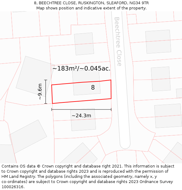 8, BEECHTREE CLOSE, RUSKINGTON, SLEAFORD, NG34 9TR: Plot and title map