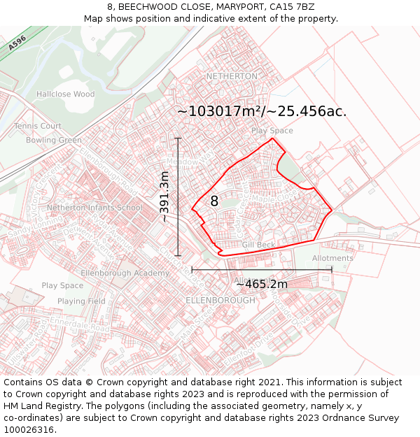 8, BEECHWOOD CLOSE, MARYPORT, CA15 7BZ: Plot and title map