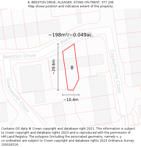 8, BEESTON DRIVE, ALSAGER, STOKE-ON-TRENT, ST7 2XE: Plot and title map