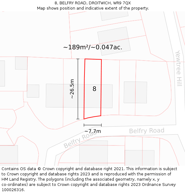8, BELFRY ROAD, DROITWICH, WR9 7QX: Plot and title map