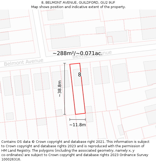 8, BELMONT AVENUE, GUILDFORD, GU2 9UF: Plot and title map