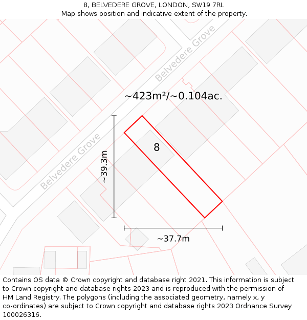 8, BELVEDERE GROVE, LONDON, SW19 7RL: Plot and title map