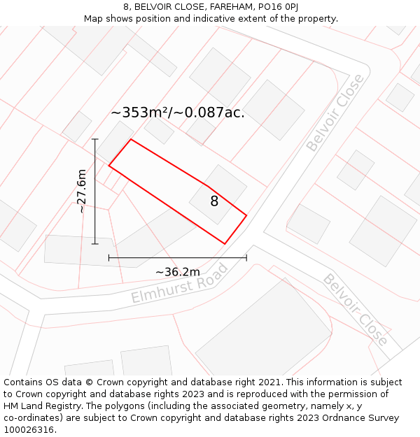 8, BELVOIR CLOSE, FAREHAM, PO16 0PJ: Plot and title map