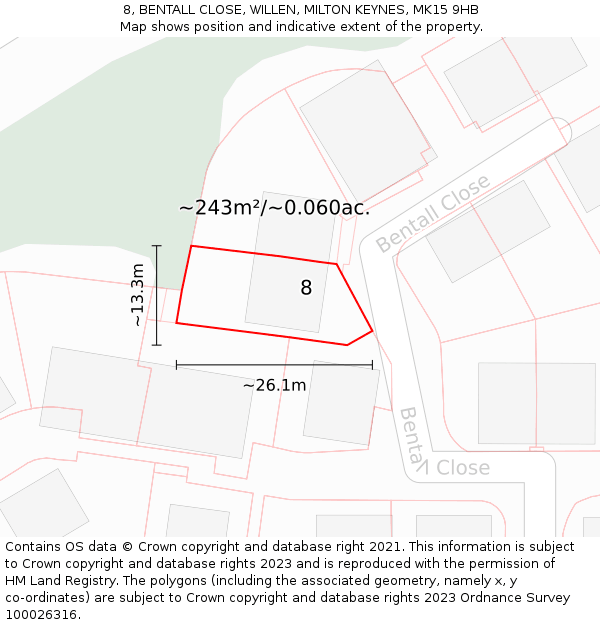 8, BENTALL CLOSE, WILLEN, MILTON KEYNES, MK15 9HB: Plot and title map