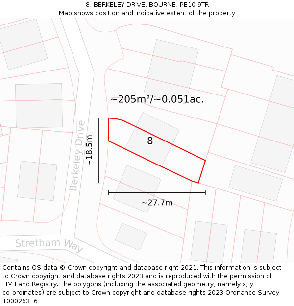 8, BERKELEY DRIVE, BOURNE, PE10 9TR: Plot and title map