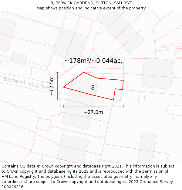 8, BERWICK GARDENS, SUTTON, SM1 3SZ: Plot and title map