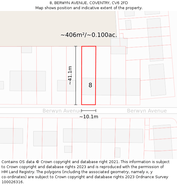 8, BERWYN AVENUE, COVENTRY, CV6 2FD: Plot and title map