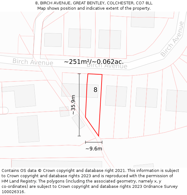 8, BIRCH AVENUE, GREAT BENTLEY, COLCHESTER, CO7 8LL: Plot and title map