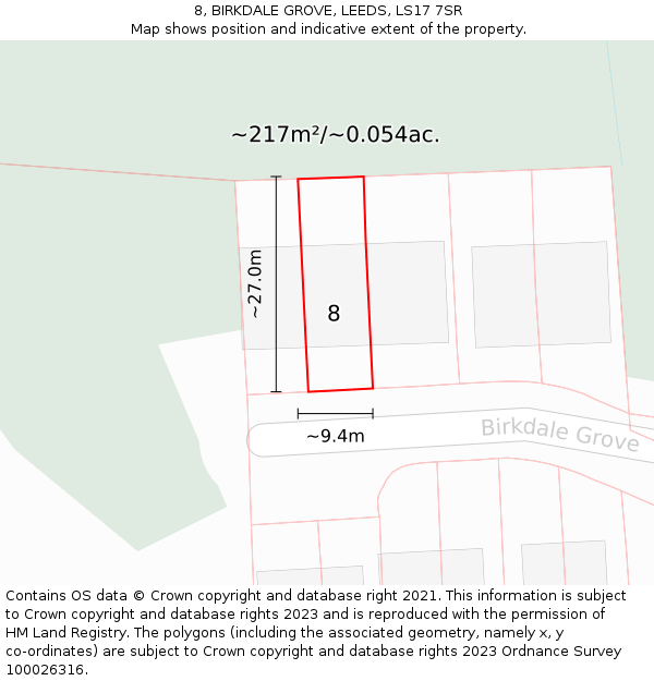 8, BIRKDALE GROVE, LEEDS, LS17 7SR: Plot and title map