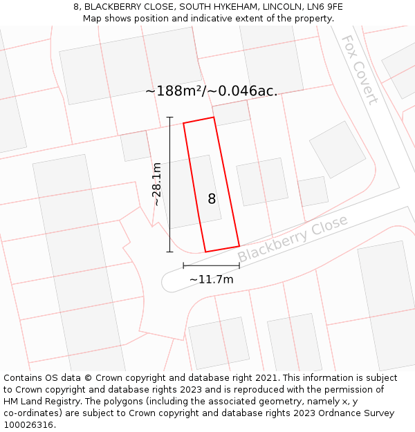 8, BLACKBERRY CLOSE, SOUTH HYKEHAM, LINCOLN, LN6 9FE: Plot and title map
