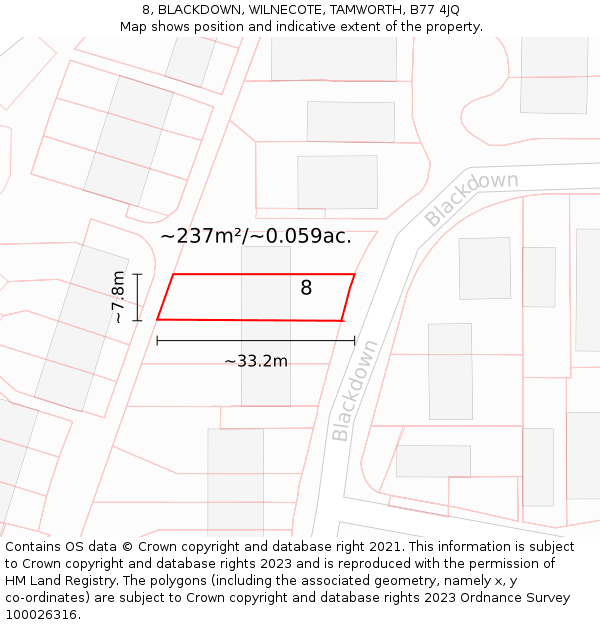 8, BLACKDOWN, WILNECOTE, TAMWORTH, B77 4JQ: Plot and title map