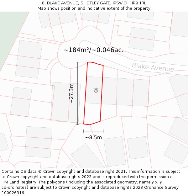 8, BLAKE AVENUE, SHOTLEY GATE, IPSWICH, IP9 1RL: Plot and title map