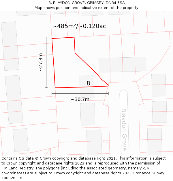 8, BLAYDON GROVE, GRIMSBY, DN34 5SA: Plot and title map