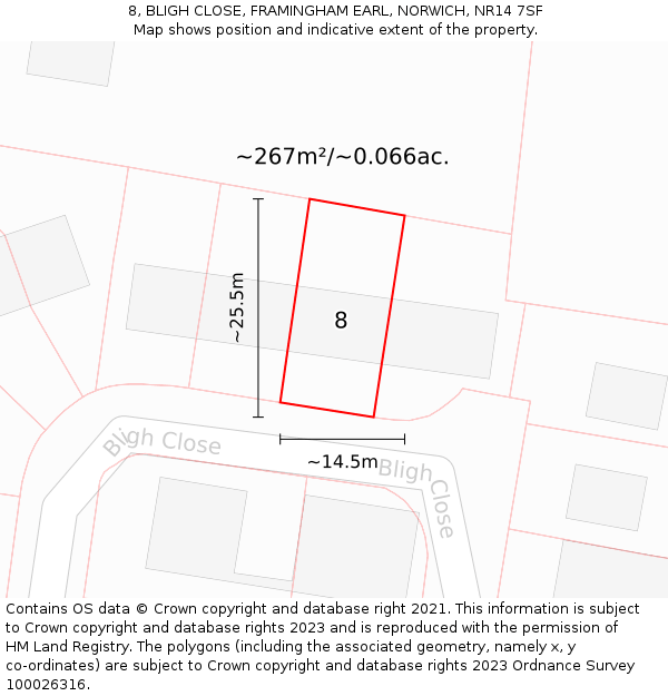 8, BLIGH CLOSE, FRAMINGHAM EARL, NORWICH, NR14 7SF: Plot and title map