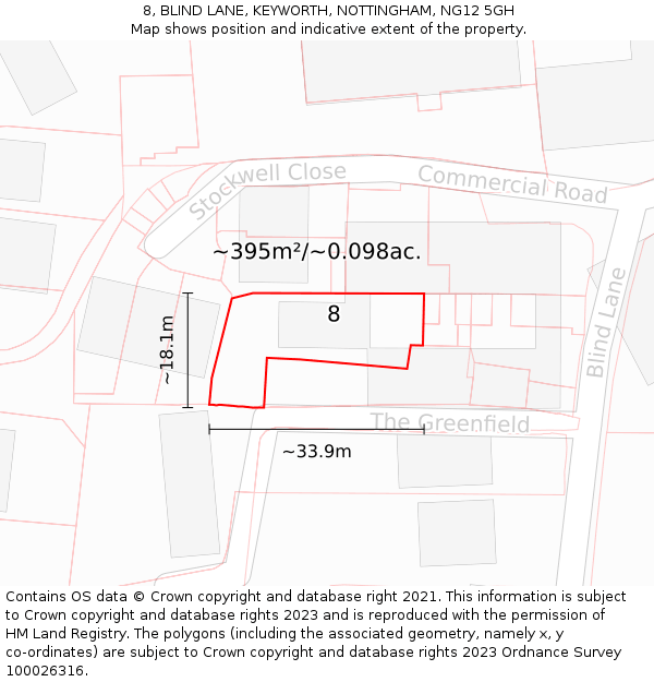 8, BLIND LANE, KEYWORTH, NOTTINGHAM, NG12 5GH: Plot and title map