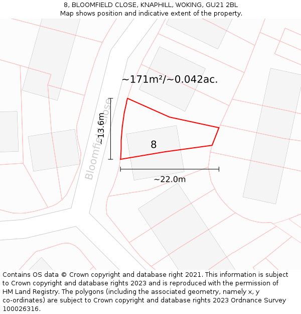 8, BLOOMFIELD CLOSE, KNAPHILL, WOKING, GU21 2BL: Plot and title map