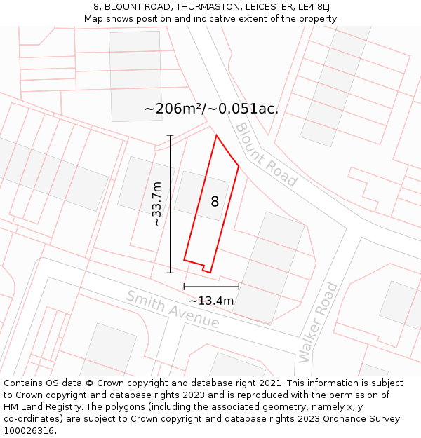 8, BLOUNT ROAD, THURMASTON, LEICESTER, LE4 8LJ: Plot and title map