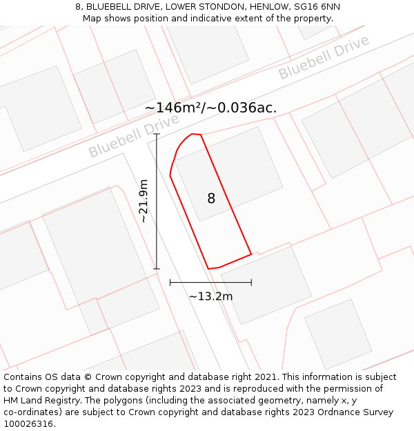 8, BLUEBELL DRIVE, LOWER STONDON, HENLOW, SG16 6NN: Plot and title map