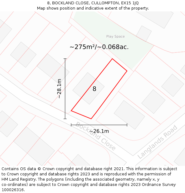 8, BOCKLAND CLOSE, CULLOMPTON, EX15 1JQ: Plot and title map