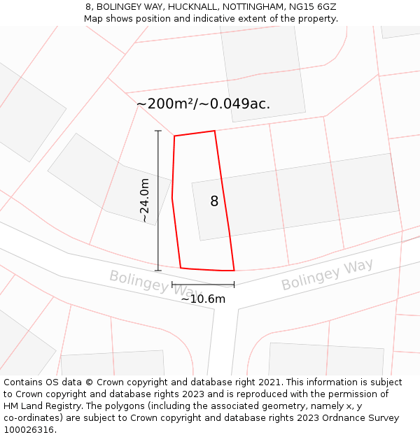 8, BOLINGEY WAY, HUCKNALL, NOTTINGHAM, NG15 6GZ: Plot and title map