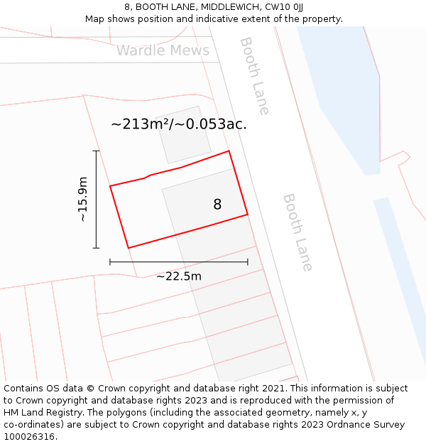 8, BOOTH LANE, MIDDLEWICH, CW10 0JJ: Plot and title map