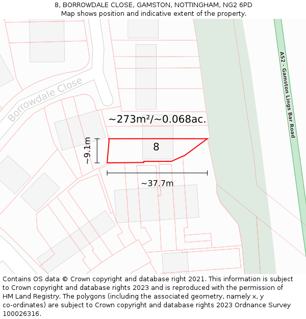 8, BORROWDALE CLOSE, GAMSTON, NOTTINGHAM, NG2 6PD: Plot and title map