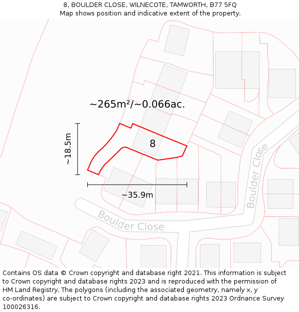 8, BOULDER CLOSE, WILNECOTE, TAMWORTH, B77 5FQ: Plot and title map