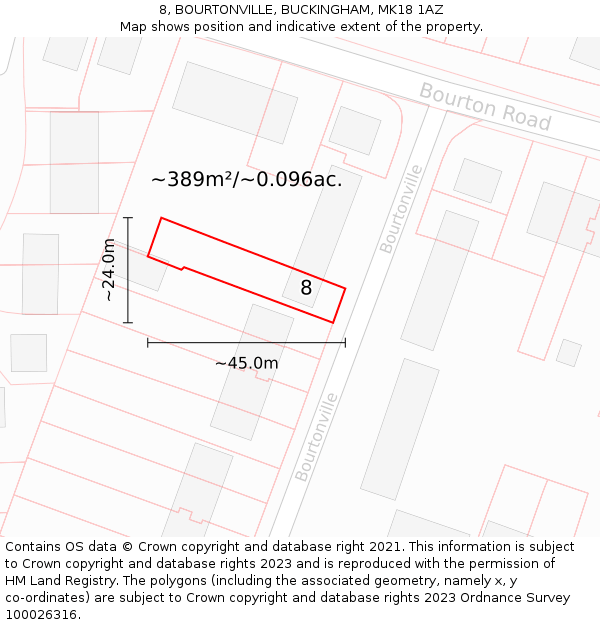 8, BOURTONVILLE, BUCKINGHAM, MK18 1AZ: Plot and title map