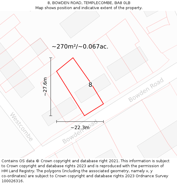 8, BOWDEN ROAD, TEMPLECOMBE, BA8 0LB: Plot and title map