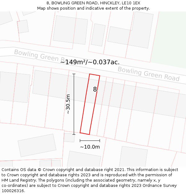 8, BOWLING GREEN ROAD, HINCKLEY, LE10 1EX: Plot and title map