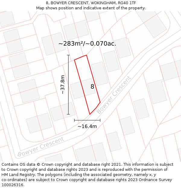 8, BOWYER CRESCENT, WOKINGHAM, RG40 1TF: Plot and title map