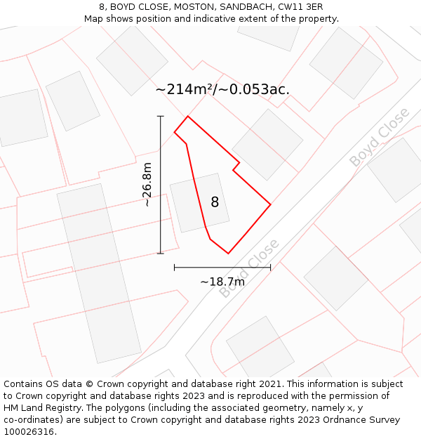 8, BOYD CLOSE, MOSTON, SANDBACH, CW11 3ER: Plot and title map