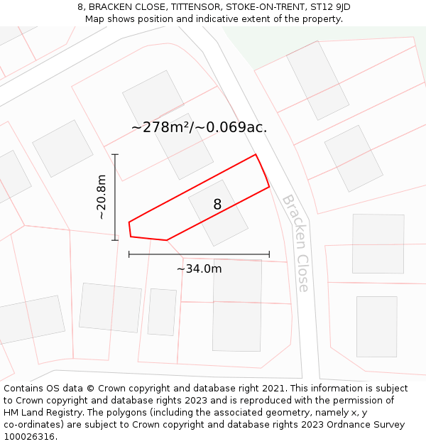 8, BRACKEN CLOSE, TITTENSOR, STOKE-ON-TRENT, ST12 9JD: Plot and title map