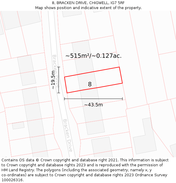 8, BRACKEN DRIVE, CHIGWELL, IG7 5RF: Plot and title map