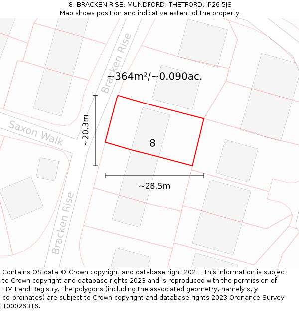 8, BRACKEN RISE, MUNDFORD, THETFORD, IP26 5JS: Plot and title map