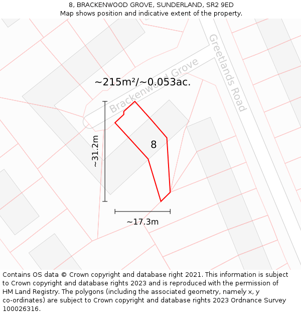 8, BRACKENWOOD GROVE, SUNDERLAND, SR2 9ED: Plot and title map