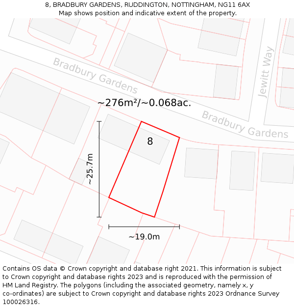 8, BRADBURY GARDENS, RUDDINGTON, NOTTINGHAM, NG11 6AX: Plot and title map