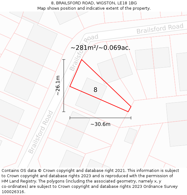 8, BRAILSFORD ROAD, WIGSTON, LE18 1BG: Plot and title map