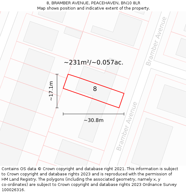 8, BRAMBER AVENUE, PEACEHAVEN, BN10 8LR: Plot and title map