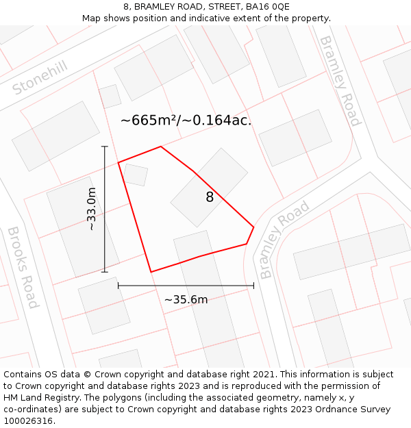 8, BRAMLEY ROAD, STREET, BA16 0QE: Plot and title map