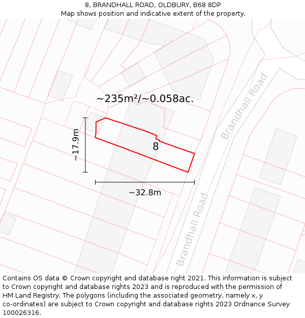 8, BRANDHALL ROAD, OLDBURY, B68 8DP: Plot and title map