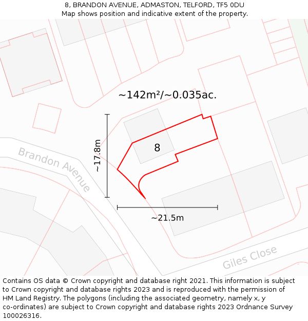 8, BRANDON AVENUE, ADMASTON, TELFORD, TF5 0DU: Plot and title map