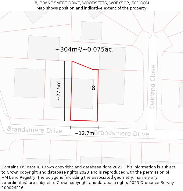 8, BRANDSMERE DRIVE, WOODSETTS, WORKSOP, S81 8QN: Plot and title map