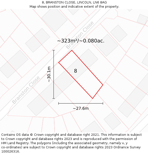 8, BRANSTON CLOSE, LINCOLN, LN6 8AG: Plot and title map