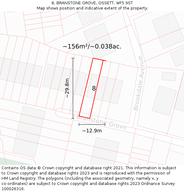 8, BRANSTONE GROVE, OSSETT, WF5 9ST: Plot and title map